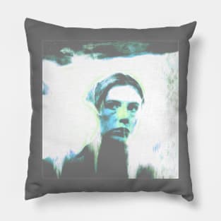 Beautiful woman, near some entrance. Weird, very interesting. Bright, blue, green. Pillow