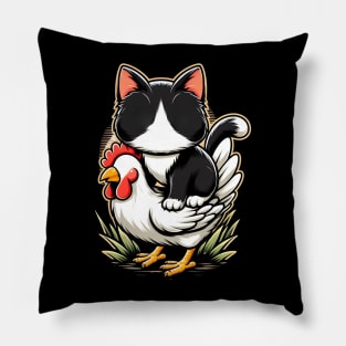 Riding Tuxedo Cat On A Chicken Pillow