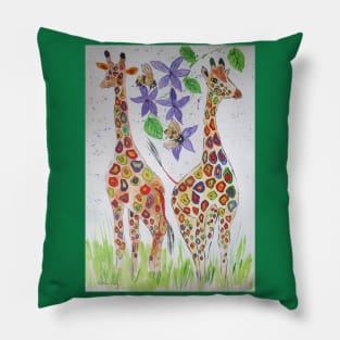 Colourful Giraffes among purple flowers and bumble bees Pillow