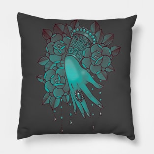 Teal Hand and Roses Pillow