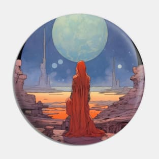 a person in a red robe looking at a large moon Pin