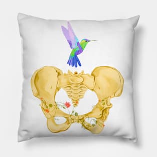 Bones of female pelvis with hummingbird in watercolor Pillow