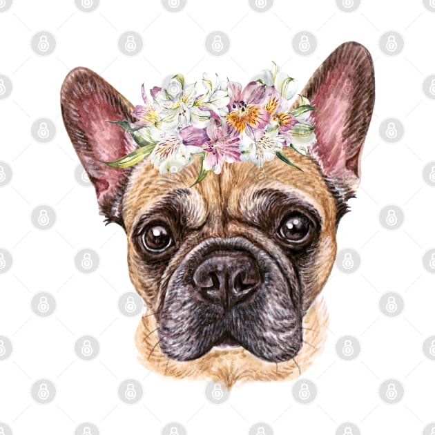 Cute French Bulldog Puppy with Flower Wreath by AdrianaHolmesArt