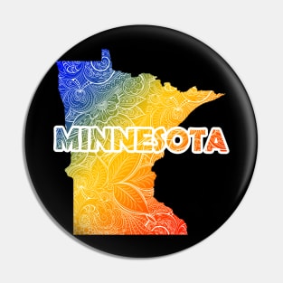 Colorful mandala art map of Minnesota with text in blue, yellow, and red Pin