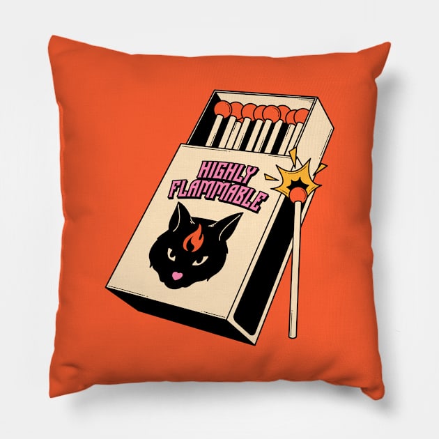 Highly Flammable Black Cat in orange Pillow by The Charcoal Cat Co.