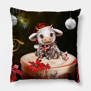 Cute little christmas cow with bird Pillow