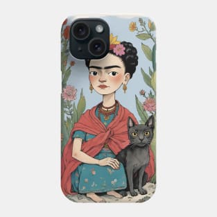 Frida and Her Feline Friend: Cartoon Illustration Phone Case