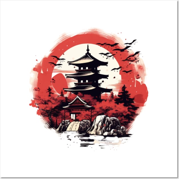  Japanese Tree Red Moon With Birds Flying in background T-Shirt  : Clothing, Shoes & Jewelry