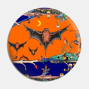 WEIRD MEDIEVAL BESTIARY,FLYING BATS IN NIGHT BLUE ORANGE ,UNICORN,KILLER RABBIT Pin