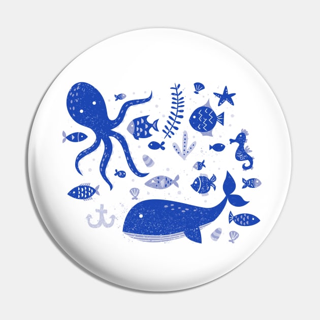 Underwater Sea Life Pattern in Cobalt Blue Pin by latheandquill