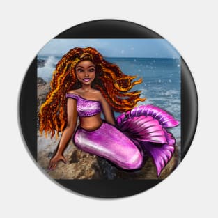 Mermaid with red braids relaxing on the rocks  with brown eyes, flowing Afro hair and caramel brown skin Pin