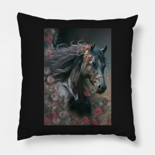 Black Horse in Flowers Card Pillow