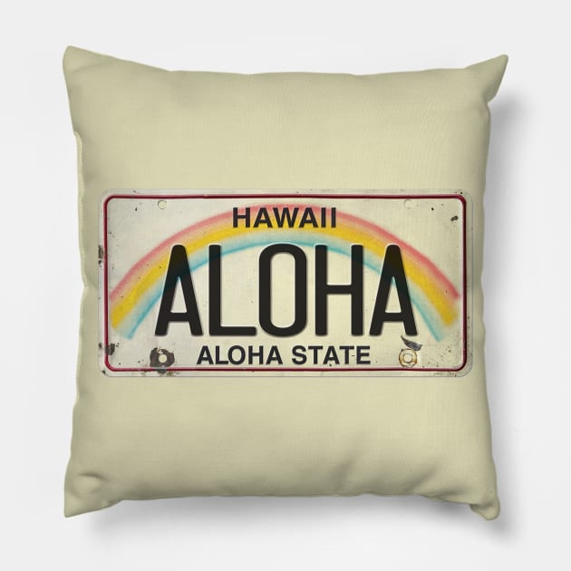 Aloha Vintage Hawaii License Plate Pillow by HaleiwaNorthShoreSign