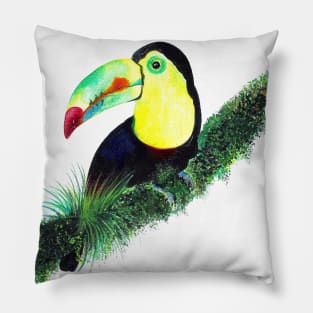 Colorful Toucan Watercolor Illustration perched on a Green Tree Branch Pillow