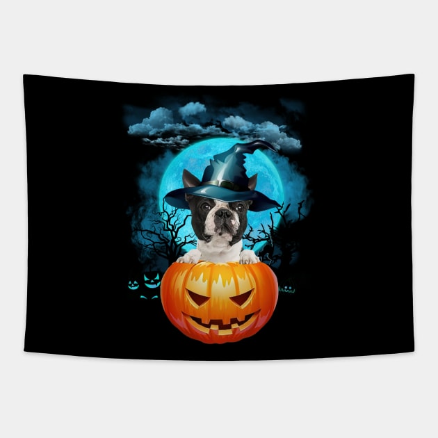 Boston Terrier Witch Hat Pumpkin And Blue Moon Halloween Tapestry by Centorinoruben.Butterfly