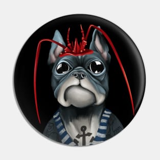 Bully French Bulldog sailor in a vest. Dog pirate with lobster claws. Pin