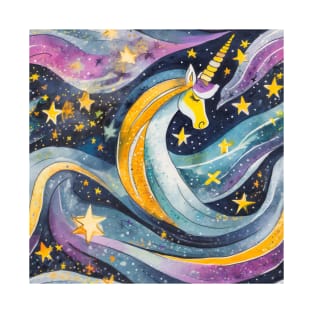 Geometric pattern of curved seamless stripes making a starry night with galaxy, stars and unicorn T-Shirt