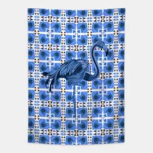 Blue Flamingo on Retro Hearts Tapestry