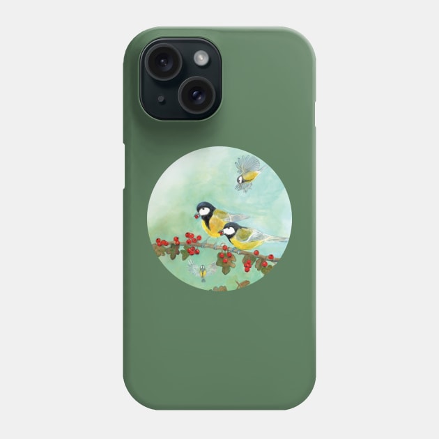 Great Tit Birds on a Hawthorn Branch Phone Case by Julia Doria Illustration