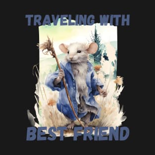 Watercolor Rat Traveling with Best Friend Blue T-Shirt