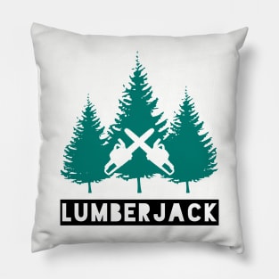 Lumberjack Green Trees, Black Text and Crossed Chainsaws Pillow