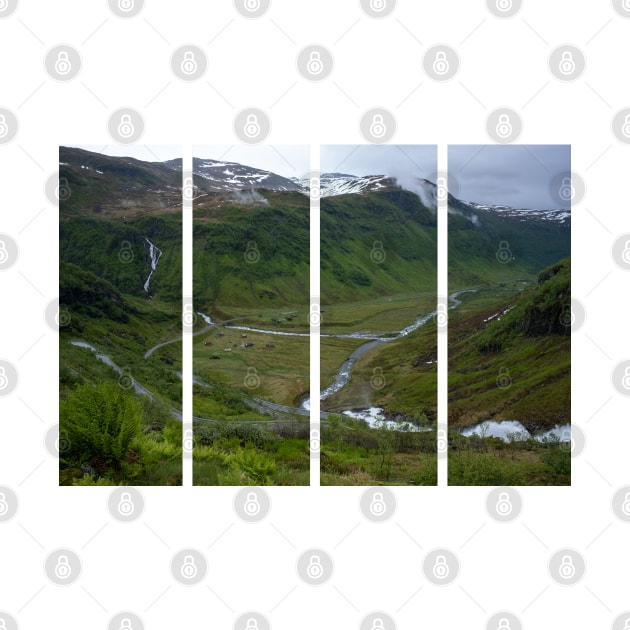 Wonderful landscapes in Norway. Vestland. Beautiful scenery from the Myrkdalen Viewpoint.  Mountains, road, rocks, stream, houses, waterfall and snow in background. Cloudy day. by fabbroni-art