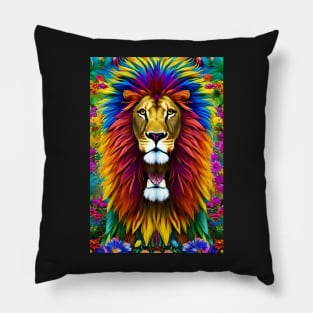 Colorful Lion with flowers surrealist impressionist style Chambala paradise Pillow