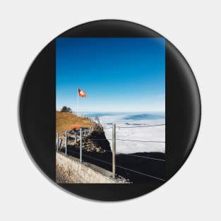 Alps - Swiss Flag Blowing in Wind on Mount Rigi in Central Switzerland Pin