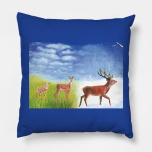 The Red Deer Lives Through the Seasons Illustration Pillow