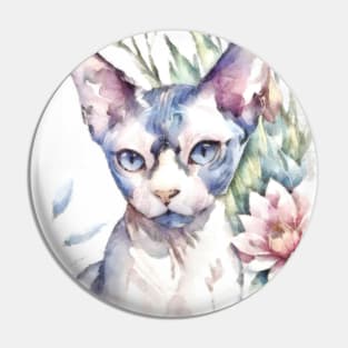 Sphynx and flowers watercolor Pin