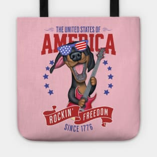 Cute and Funny Doxie Dachshund Dog with Red white and Blue sunglasses Fur Baby Rockin Freedom Tote