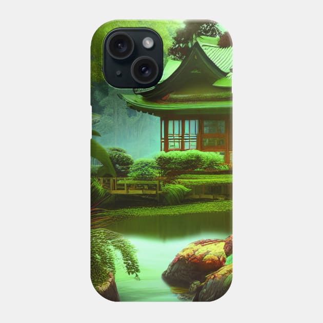 Magical Japanese Cottage In a Greenary Landscape, Beautiful Nature Phone Case by Promen Art