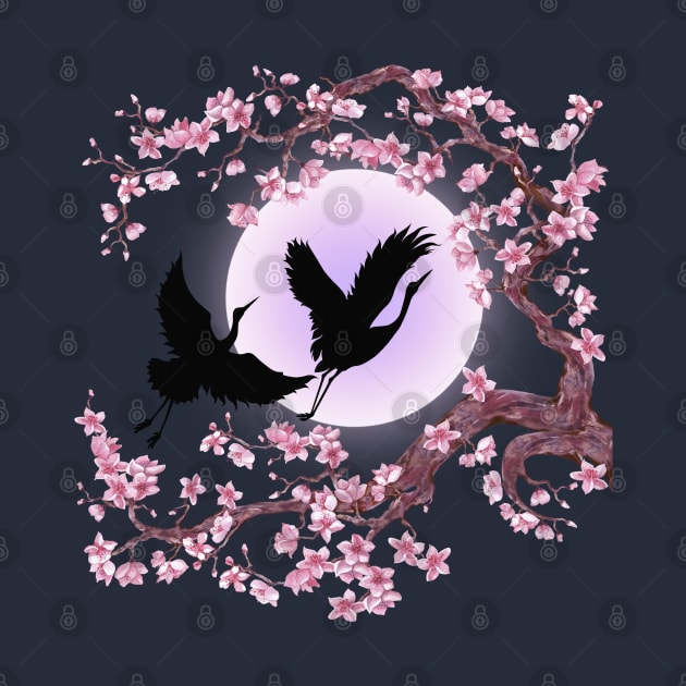 Cranes with a Sakura Moon by kestrelle