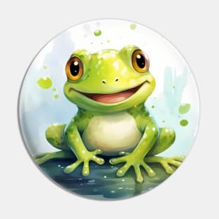 Happy Cute and Adorable Bright Green Watercolor Frog Pin