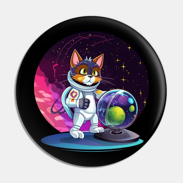 Cartoon Cat in Space Costume with Planet and Globe Pin by 24h Space Madness