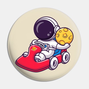 Cute Astronaut Riding Gokart With Holding Moon Cartoon Pin