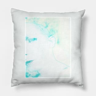 Portrait, digital collage and special processing. Face glimpse.Very beautiful guy. Very soft. Light blue. Pillow