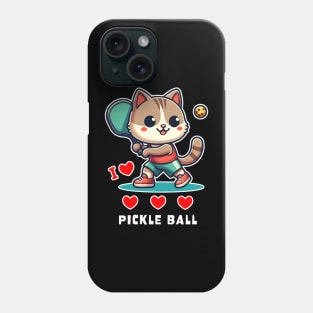 I Love Pickle Ball, Cute Cat playing Pickle Ball, funny graphic t-shirt for lovers of Pickle Ball and Cats Phone Case