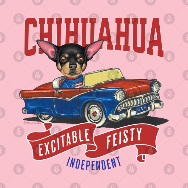 Funny and Cute Chihuahua dog driving a vintage classic retro car with red white and blue banner tee by Danny Gordon Art