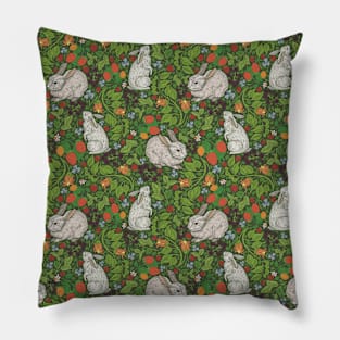 Rabbits with berries and bluebells on green background Pillow