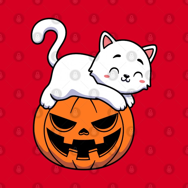 Funny Cute White Cat Laying On Pumpkin Halloween by Illustradise