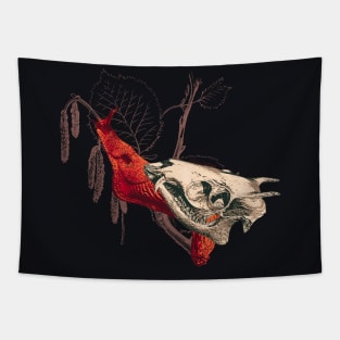 Enigmatic Escargots: Spooky Art Print Featuring Red Snail Donning Tufted Deer Skull Shell Tapestry