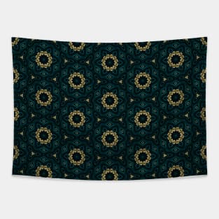 Blue and Gold Hexagonal Geometric Flower Pattern Tapestry