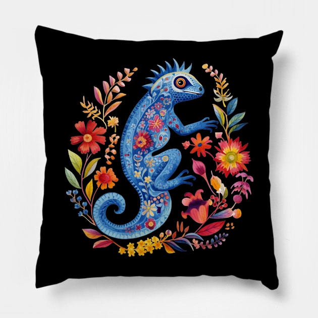 A Chameleon in Scandinavian Folk Art Style Pillow by Studio Red Koala