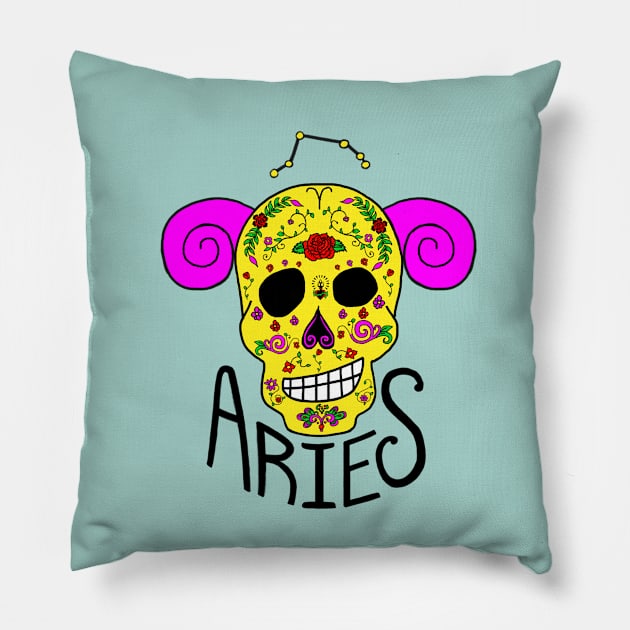 Aries Zodiac Dia De Los Muertos Style Pillow by El Californiaro