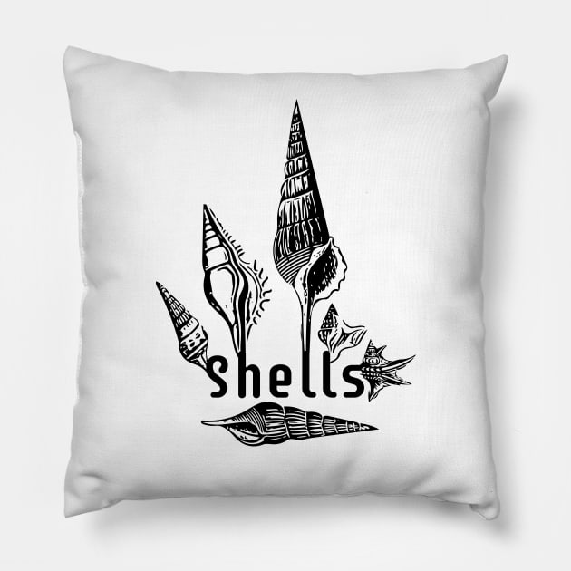 Black and White Typographic Shell Design Pillow by Davey's Designs