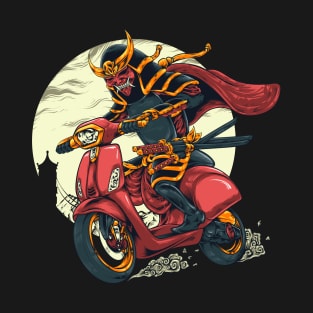 Samurai warrior riding a red Scooter T-shirt, Anime Fan Gifts, Samurai Two katana and Red Scooter T-Shirt