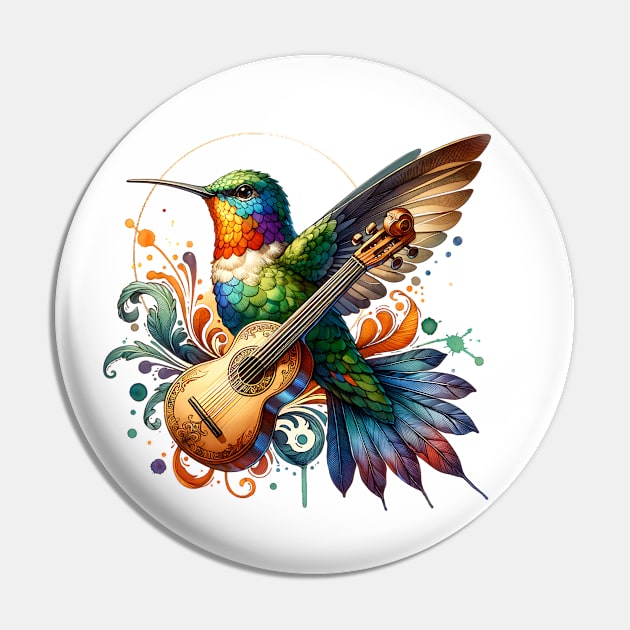 Ornate Hummingbird with string instrument Pin by Miriam Designs