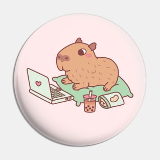 Cute Chilling Capybara With Laptop And Snacks Pin