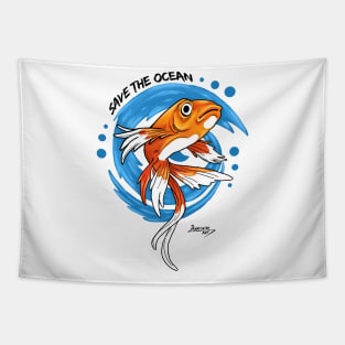 Save the ocean Orange Fish Blue Waves - Environment Tapestry